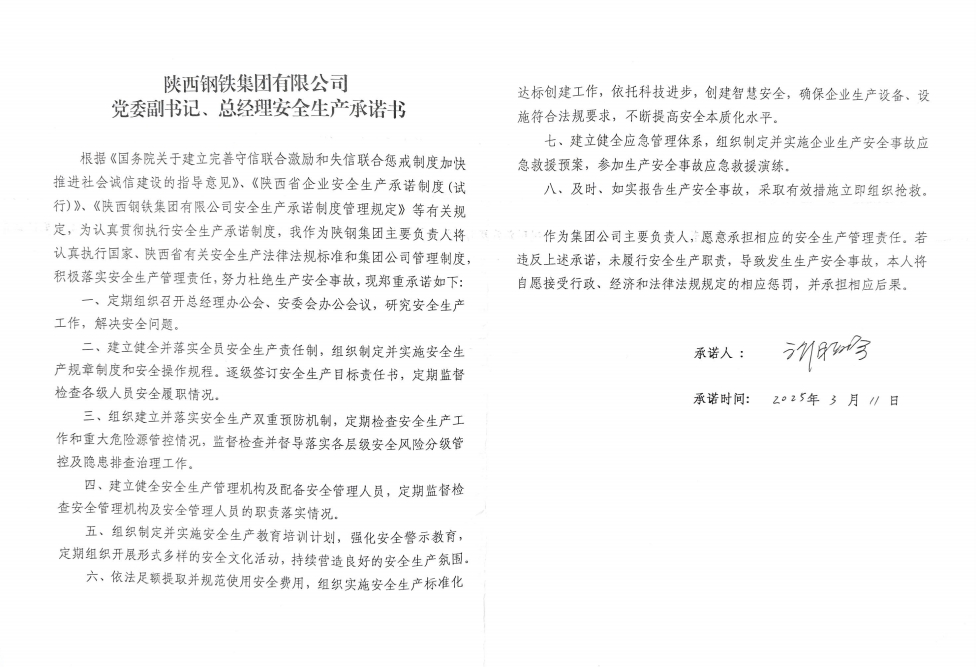陕西钢铁集团有限公司党委副书记、总经理安全生产承诺书